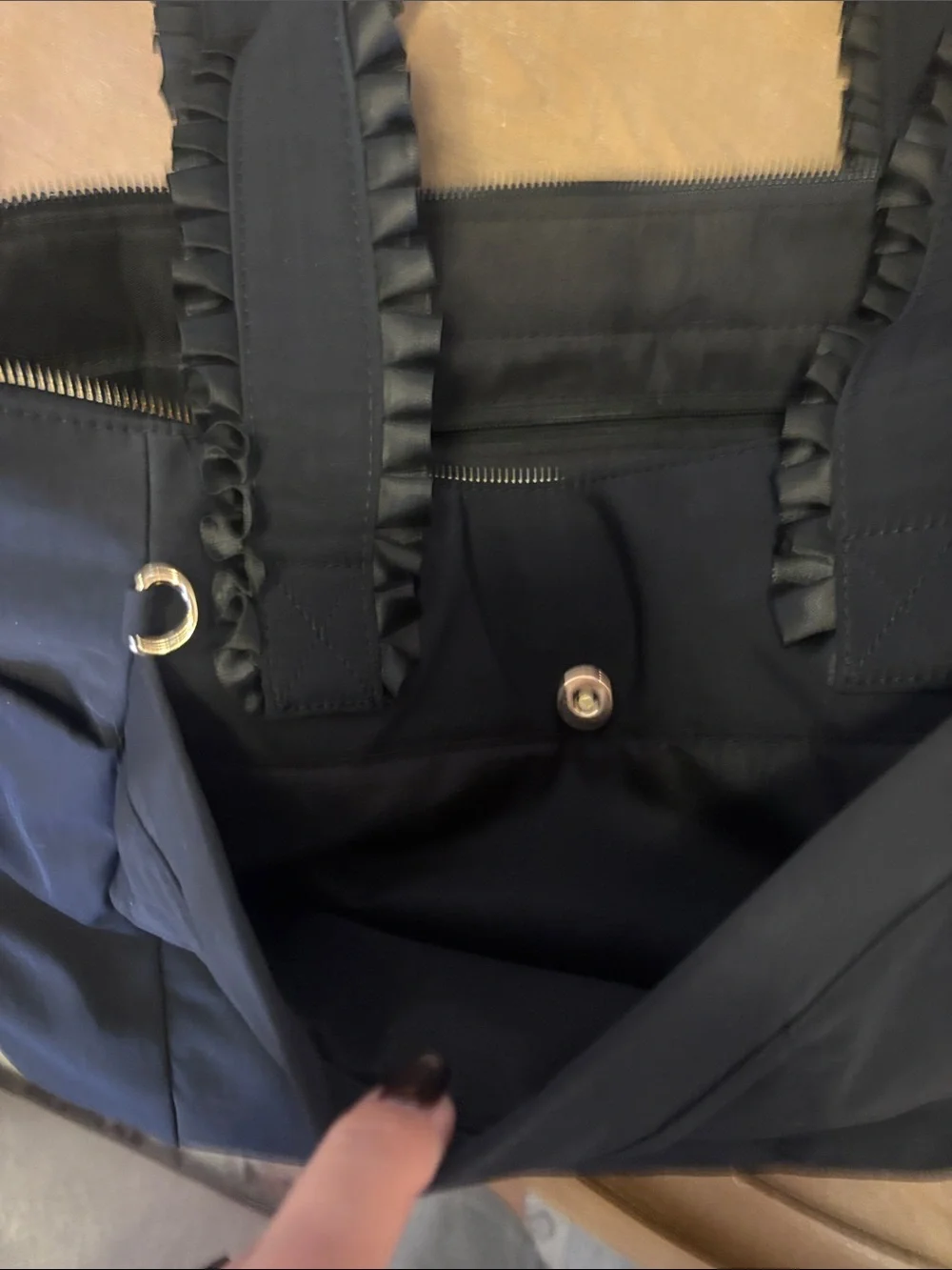 Black Ruffled Handle Tote Bag - Women's Everyday Shoulder Bag